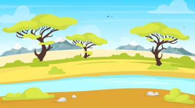 Afrika manzarası düz vektör çizimi. Su akıntısı olan bir Safari. Akan nehirli yeşil savana sahnesi. Yeşil çayır arazisi. Exortic manzara, tropikal çayırlar. Madagaskar karikatür arka planı