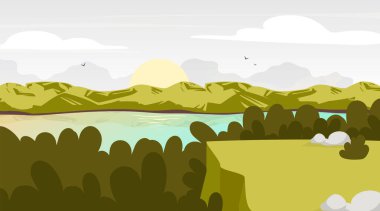 Forest view düz vektör çizimi. Ormanda gündoğumu ve su akıntısı. Göl kenarındaki bilim parkı. Ormanda günbatımı. Açık hava panoramik sahnesi. Dağ zirvesi. Yeşil ortam çizgi film arkaplanı