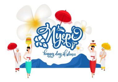 Nyepi düz poster vektör şablonu. Sessizlik günü. Pura Ulun Danu Bratan. Geleneksel tatil. Ulusal kıyafet karikatürü karakterleri olan insanlar. Pankart, broşür sayfası, broşür tasarımı, metin yeri