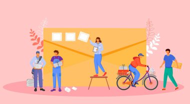 Post office workers flat color vector illustration. Paperboy with bicycle. Post service delivery. Woman puts stamps on envelope. Receiving parcels isolated cartoon character on pink background clipart