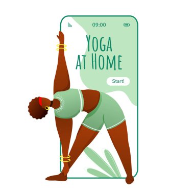 Yoga akıllı telefon arayüz vektör şablonunda. Üçgen pozisyonu. Mobil uygulama sayfası yeşil tasarım düzeni. Ekranda yoga yapan Afro-Amerikalı, koyu tenli kadın. Başvuru için düz Ui. Telefon görüntüsü
