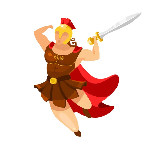 Hercules flat vector illustration. Gladiator in action pose. Fighter in full armor. Warrior with sword jump. Man with weapon attack. Herakles isolated cartoon character on white background — Stock Vector