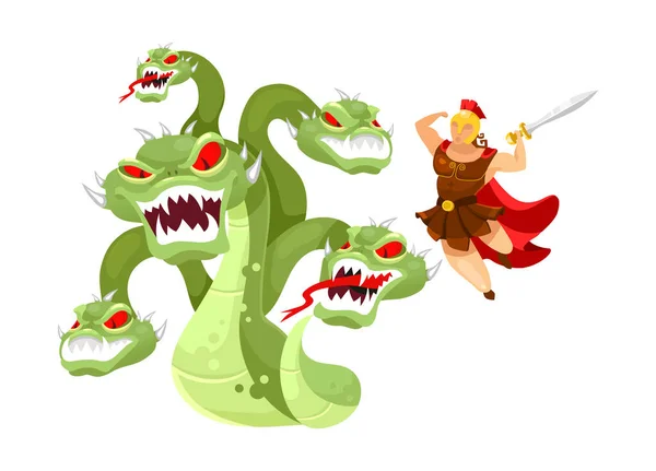 Hydra y Hércules ilustración vectorial plana. Héroe atacando monstruo mitológico. Mitología griega. Doce trabajos de Herakles. Lucha con la bestia personaje de dibujos animados aislados sobre fondo blanco — Archivo Imágenes Vectoriales