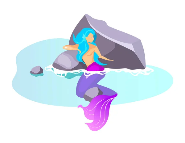 Sirena ilustración vectorial plana. La bestia mitológica nada en el mar. Monstruo de hadas sobre roca. Fantástica criatura mitad mujer. Mitología griega. Sirena en arrecife personaje de dibujos animados aislados sobre fondo blanco — Vector de stock