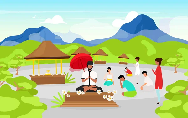 Meditar a la gente ilustración vectorial plana. Lugar de culto en las montañas. Posar meditando. Religión indonesia. Budismo. Hombres y mujeres personajes de dibujos animados — Vector de stock