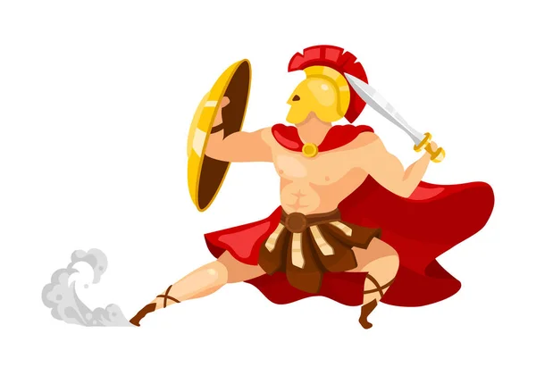 Warrior flat vector illustration. Theseus in armor. Gladiator with shield and sword. Greek mythology. Fighter in action pose. Man in defense stance isolated cartoon character on white background — Stock Vector