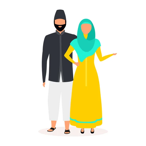 Ilustrasi vektor datar Indonesia. Pasangan muslim. Wanita berbaju jilbab dan kuning. Budaya Asia. Orang-orang berpakaian nasional mengisolasi karakter kartun dengan latar belakang putih - Stok Vektor