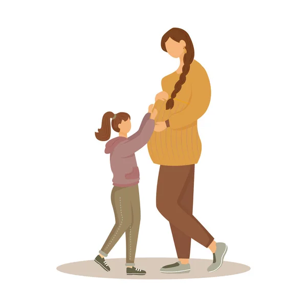 Mujer embarazada e hija ilustración vectorial plana. Preparación de la maternidad. Feliz espera del bebé. Chica acariciando a las mamás embarazadas vientre personajes de dibujos animados aislados sobre fondo blanco — Vector de stock