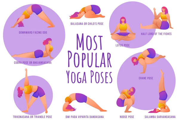 Yoga popular coloca modelo infográfico vetor violeta. Mulheres positivas para o corpo. Poster, design de conceito de página de livreto com ilustrações planas. Folheto publicitário, folheto, banner com ideia de layout de fluxo de trabalho —  Vetores de Stock