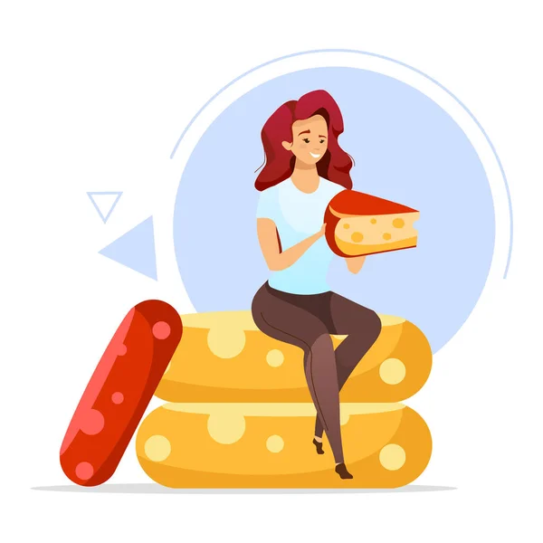 Mujer sosteniendo queso ilustración vector de color plano. Hacer quesos. Hembra quesera. Consumidor. Industria alimentaria. Productos lácteos. Personaje de dibujos animados aislados sobre fondo blanco — Archivo Imágenes Vectoriales