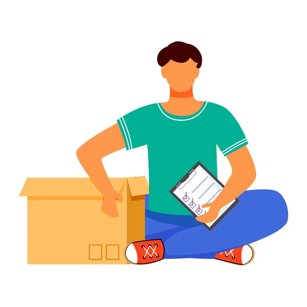 El hombre recibe la ilustración plana del vector de color del paquete. Recibir correo y confirmarlo. Recibiendo pedido en caja. Servicios de entrega. Niño sentado al lado de la caja personaje de dibujos animados aislados sobre fondo blanco — Vector de stock