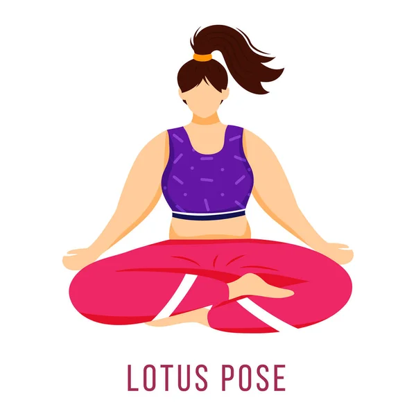 Lotus vormen platte vector illustratie. Padmasana. Kaukasische vrouw in yoga houding in roze en paarse sportkleding. Trainen. Lichamelijke oefening. Geïsoleerde stripfiguur op witte achtergrond — Stockvector