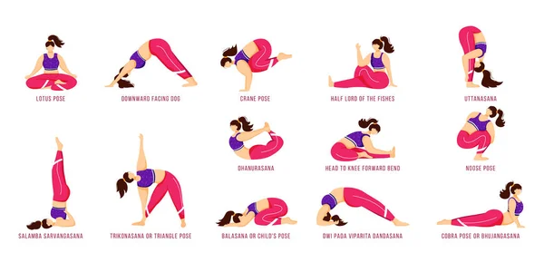 Yoga apresenta conjunto de ilustrações vetoriais planas. Mulheres causianas realizando asanas de ioga em roupas esportivas rosa e roxo. Figuras femininas fazendo exercícios físicos. Treino, fitness. Personagem de desenho animado isolado —  Vetores de Stock