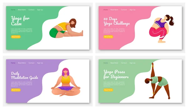 Yoga en meditatie vormt landing page vector template set. Stretch oefeningen. Lichaamspositieve website interface idee met platte illustraties. Homepage lay-out, webbanner, webpagina cartoon concept — Stockvector
