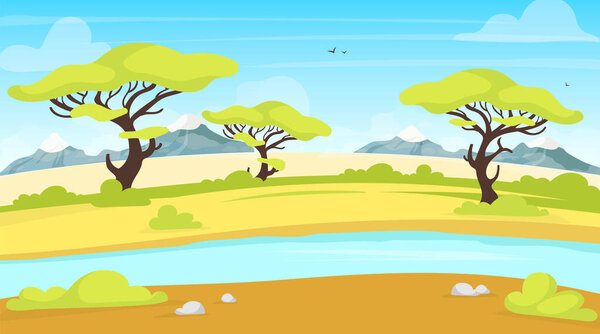 Африканский ландшафт с плоским вектором. Сафари с ручьем. Зеленая саванна с текущей рекой. Зелёная луга. Экзортические пейзажи, тропические луга. Мадагаскарский мультфон
