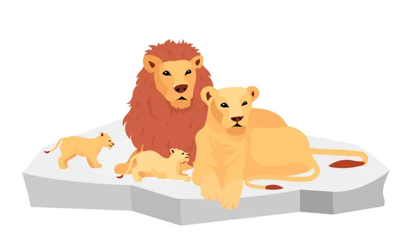 Löwenfamilie auf felsflacher Farbvektorillustration. südliche Raubtiere. erwachsene Katzen mit Jungen. Löwin mit Baby. Afrikanische Tiere isoliert Zeichentrickfigur auf weißem Hintergrund — Stockvektor