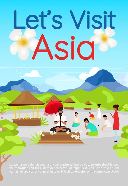 Visitiamo il modello di brochure Asia. Turismo spirituale. Volantino, opuscolo, depliant con illustrazioni piatte. Schema dei cartoni animati vettoriali per la rivista. invito pubblicitario con spazio di testo — Vettoriale Stock