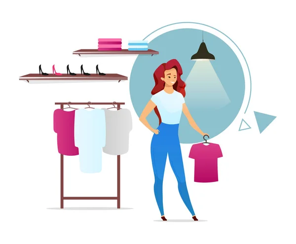 Vendedora ilustración vectorial a color plano. Tienda de moda con bastidores. Tienda de ropa. Cliente femenino en la tienda de ropa. Mujer eligiendo ropa. Personaje de dibujos animados aislados sobre fondo blanco — Vector de stock