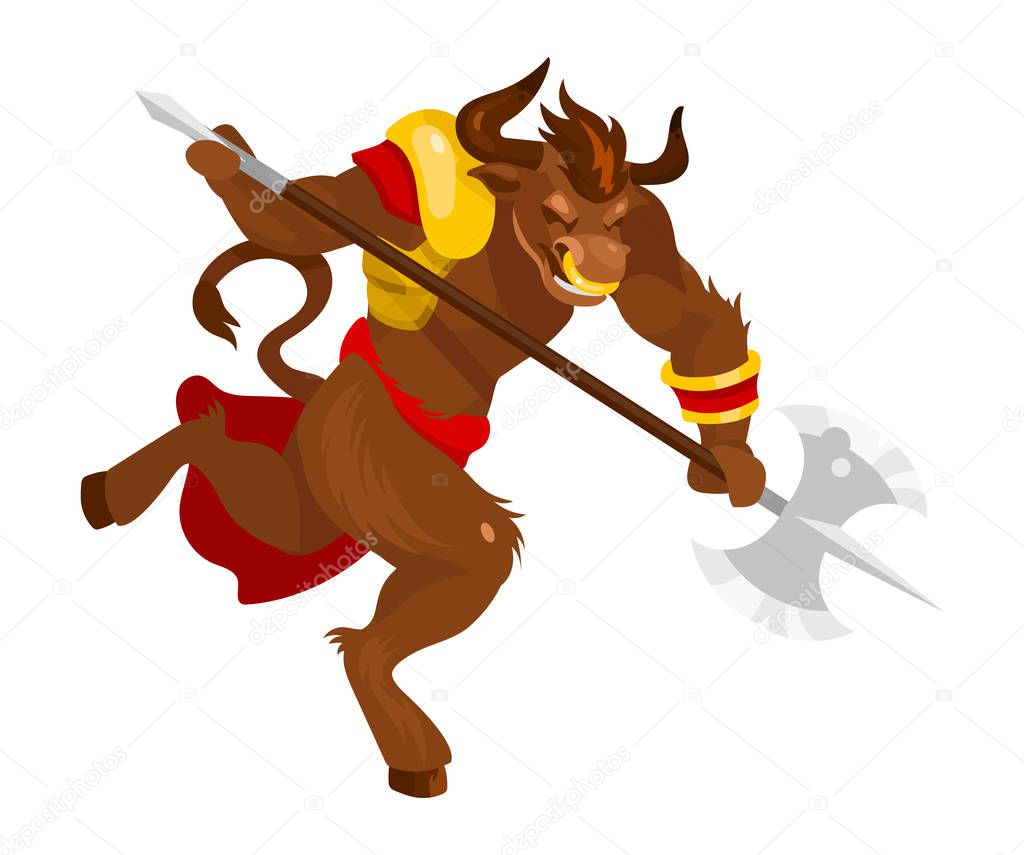 Minotaur flat vector illustration. Mythological creature with battleaxe. Fantastical bull beast with axe. Greek mythology. Monster in fight pose isolated cartoon character on white background