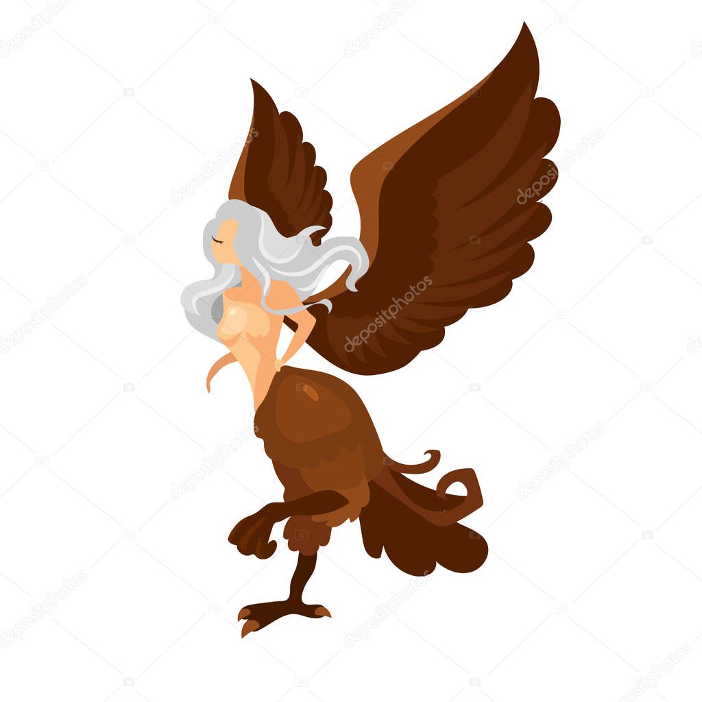 Harpy flat vector illustration. Half-woman, half-bird creature. Fantastical monster. Storm wind personification. Greek mythology. Fairy beast isolated cartoon character on color background