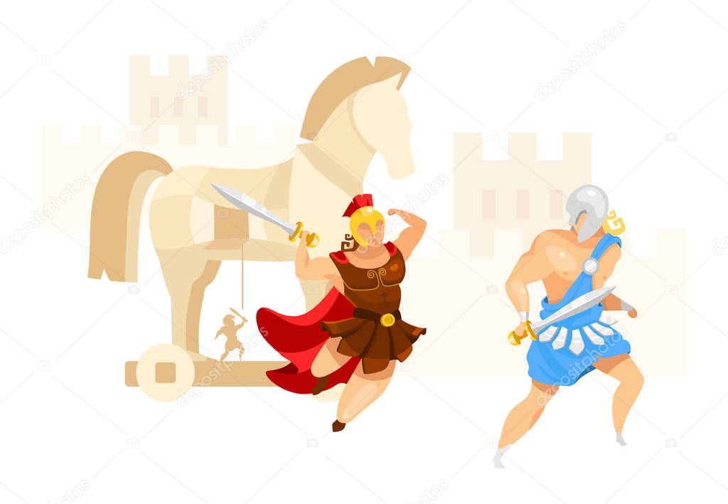 Trojan war flat vector illustration. Troy and Achilles. Warriors fight. City assault in horse construction. Greek mythology. Homer iliad. Battle scene isolated cartoon character on white background