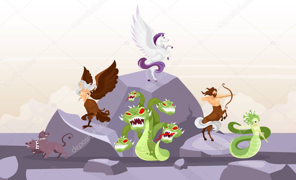 Mythological creatures flat vector illustration. Hydra and cerberus. Pegasus and harpy. Centaurus and meduse gorgone. Fairy beasts on mountain. Greek mythology. Fantastical cartoon characters