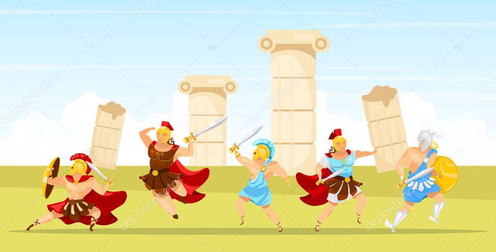 Battle scene flat vector illustration. Gladiators fight. Man with swords and shield. Columns and pillar ruins. Fighter with weapons. Spartan army. Greek mythology. Warriors cartoon characters