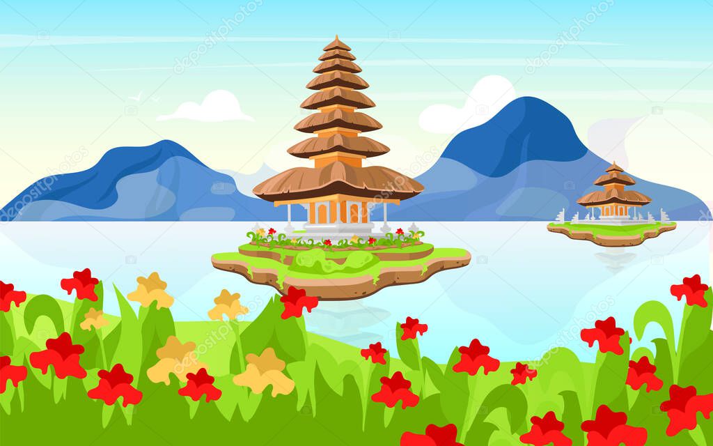 Pura Ulun Danu Bratan flat vector illustration. Hindu Shaivite water temple on Bali. Indonesia traditional architecture. Temple complex. Religious building on lake by day cartoon background