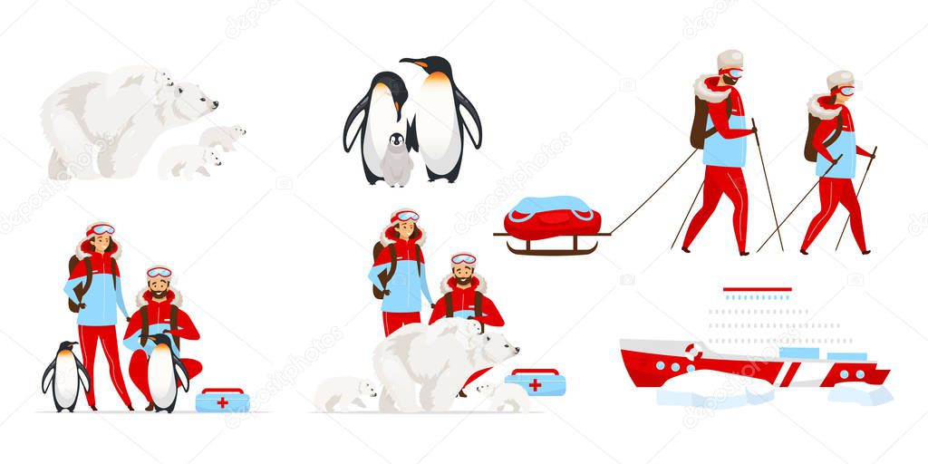 Expedition flat vector illustrations set. North pole exploration. Emperor penguins and white bears. Woman and man trekking. Veterinarian aid. Human and animal isolated cartoon characters