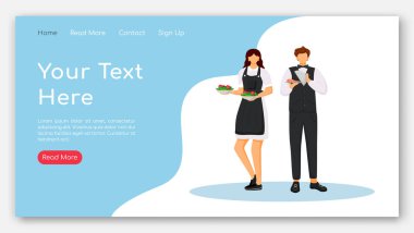 Restoran personelinin iniş sayfası vektör şablonu. Düz çizimlerle servis sitesi arayüzü fikri. Servis personeli. Üniformalı garsonlar web pankartı, web sayfası çizgi film konsepti