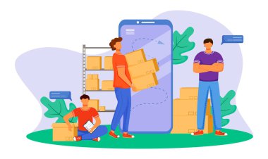 İzleme paketi düz renk vektör çizimi. Tebligat alıyorum. Emir gönderiliyor. Teslimat servisi. Beyaz arka planda, yalnız bir çizgi film karakterinin yanında oturan çocuk.