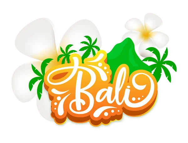 Bali flat poster vector template. Indonesian exotic island. Flowers and mountain. Asian culture. Banner, brochure page, leaflet design layout. Sticker with calligraphic lettering and plumeria — Stock Vector