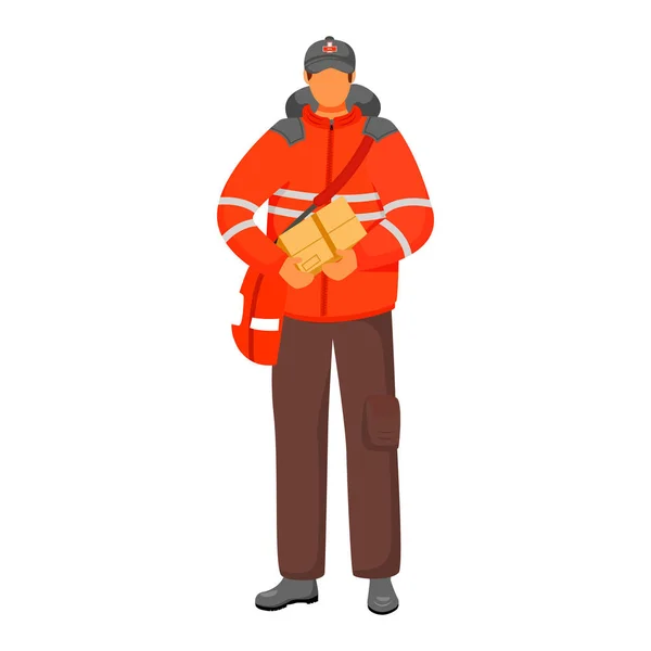 Post office male worker flat color vector illustration. Royal mail employee. Traditional British post service. Delivery boy with package isolated cartoon character on white background — Stock vektor