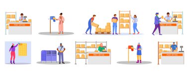 Post office male workers and loaders flat color vector illustration set. Woman receives letter. Post service delivery. Boxes and parcels transportation isolated cartoon character on white background clipart