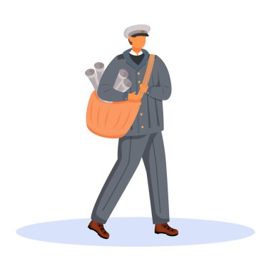 Postane çalışanı düz renk vektör çizimi. Eski moda giyinmiş bir çalışan. Geleneksel posta servisi üniforması. Gazeteci çocuk beyaz arka planda karikatür karakterini izole etti