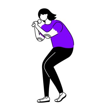 Singer düz kontur vektör çizimi. Baş vokalist. Müzisyen. Müzik grubu üyesi. Sallan ve yuvarlan. Mikrofonu olan biri. Beyaz arka planda izole edilmiş çizgi film karakteri. Basit çizim