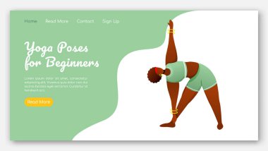 Yoga yeni başlayanlar için iniş sayfası vektör şablonu. Aktif ve sağlıklı bir yaşam tarzı. Bodypositive web sitesi arayüzü fikri düz çizimler ile. Ana sayfa düzeni, web afişi, web sayfası çizgi film kavramı