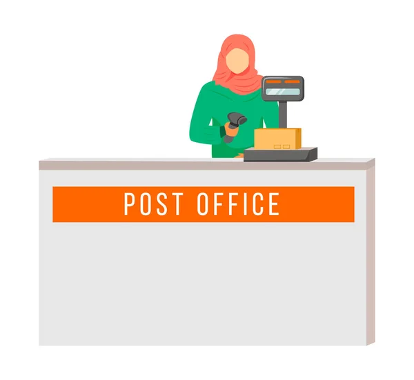 Ufficio postale donna lavoratrice con hijab piatto vettoriale a colori illustrazione. Le donne controllano e scansionano pacchi. Processo di consegna del servizio postale. Punto di raccolta isolato personaggio dei cartoni animati su sfondo bianco — Vettoriale Stock