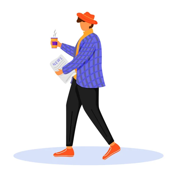 Muž s ranními noviny ploché barevné vektorové ilustrace. Osoba čte a pije kávu. Získávám nový tisk. Módní mladý muž v bundě izolované kreslený znak na bílém pozadí — Stockový vektor