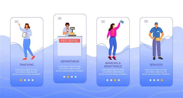 Pošta onboarding mobilní aplikace vektorové šablony. Sledování, služby, bankovnictví a převody. Procházet kroky webové stránky s plochými znaky. Ux, Ui, Gui smartphone kreslený koncept rozhraní — Stockový vektor