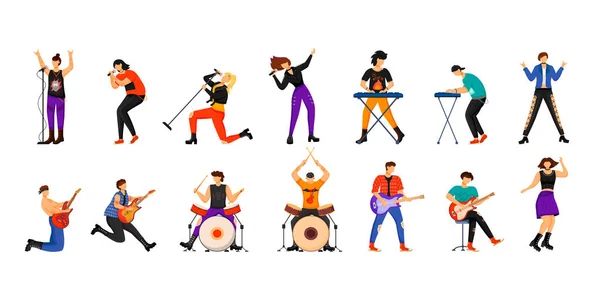Rock musicians flat vector illustrations set. Music band members. Guitarists, drummers, lead vocalists, keyboardists. People playing musical instruments. Isolated cartoon characters — Stock Vector