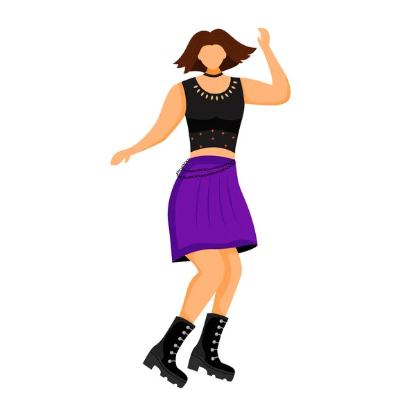 Illustration vectorielle couleur plate fille punk dansante. Personnage féminin sur la piste de danse dans une boîte de nuit. Jeune femme au concert rock, festival. Fangirl au concert. personnage de dessin animé isolé sur fond blanc — Image vectorielle