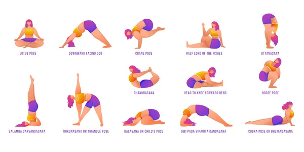 Yoga apresenta conjunto de ilustrações vetoriais planas. Mulheres brancas fazendo asanas de ioga em sportswear laranja e roxo. Figuras femininas fazendo exercícios físicos. Treino, fitness. Personagem de desenho animado isolado — Vetor de Stock