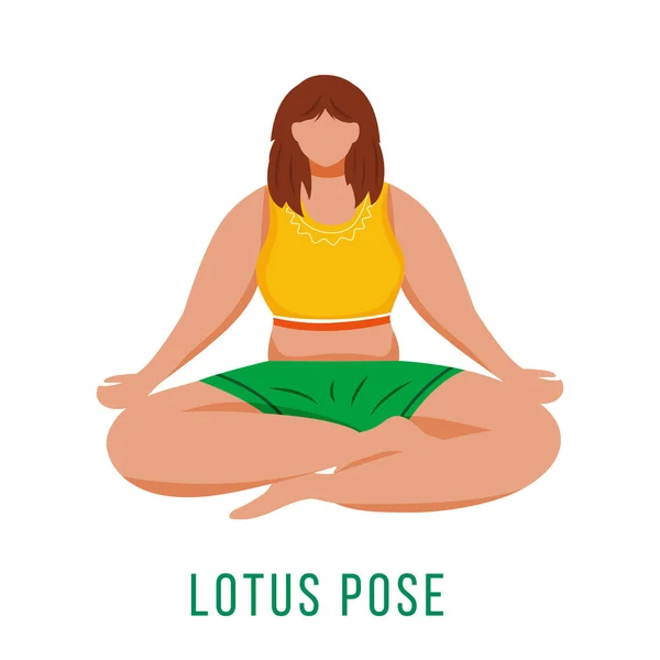 Lotus vormen platte vector illustratie. Padmasana. Kaukasische vrouw het uitvoeren van yoga houding in groene en gele sportkleding. Trainen. Lichamelijke oefening. Geïsoleerde stripfiguur op witte achtergrond — Stockvector