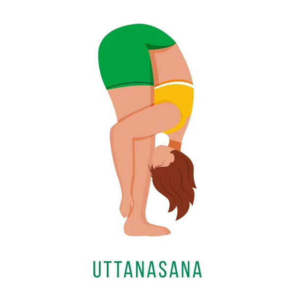 Uttanasana ilustração vetorial plana. Curva para a frente. Mulher branca realizando postura de ioga posar em sportswear verde e amarelo. Treino. Personagem de desenho animado isolado no fundo branco —  Vetores de Stock