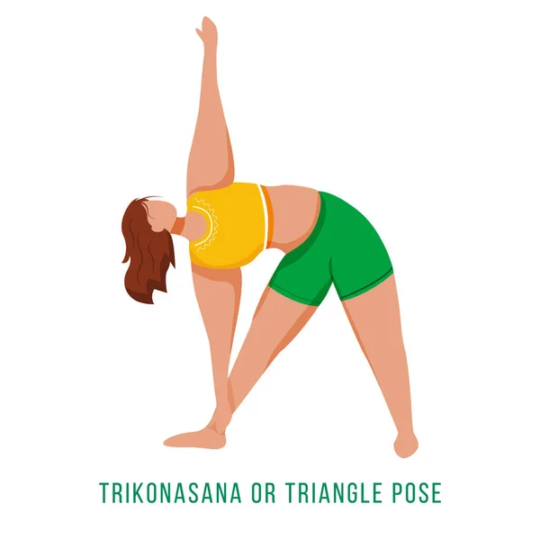 Ilustración de vectores planos Trikonasana. Postura triangular. Mujer caucásica realizando postura de yoga en ropa deportiva verde y amarilla. Entrenamiento. Ejercicio físico. Personaje de dibujos animados aislados sobre fondo blanco — Vector de stock