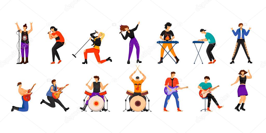 Rock musicians flat vector illustrations set. Music band members. Guitarists, drummers, lead vocalists, keyboardists. People playing musical instruments. Isolated cartoon characters