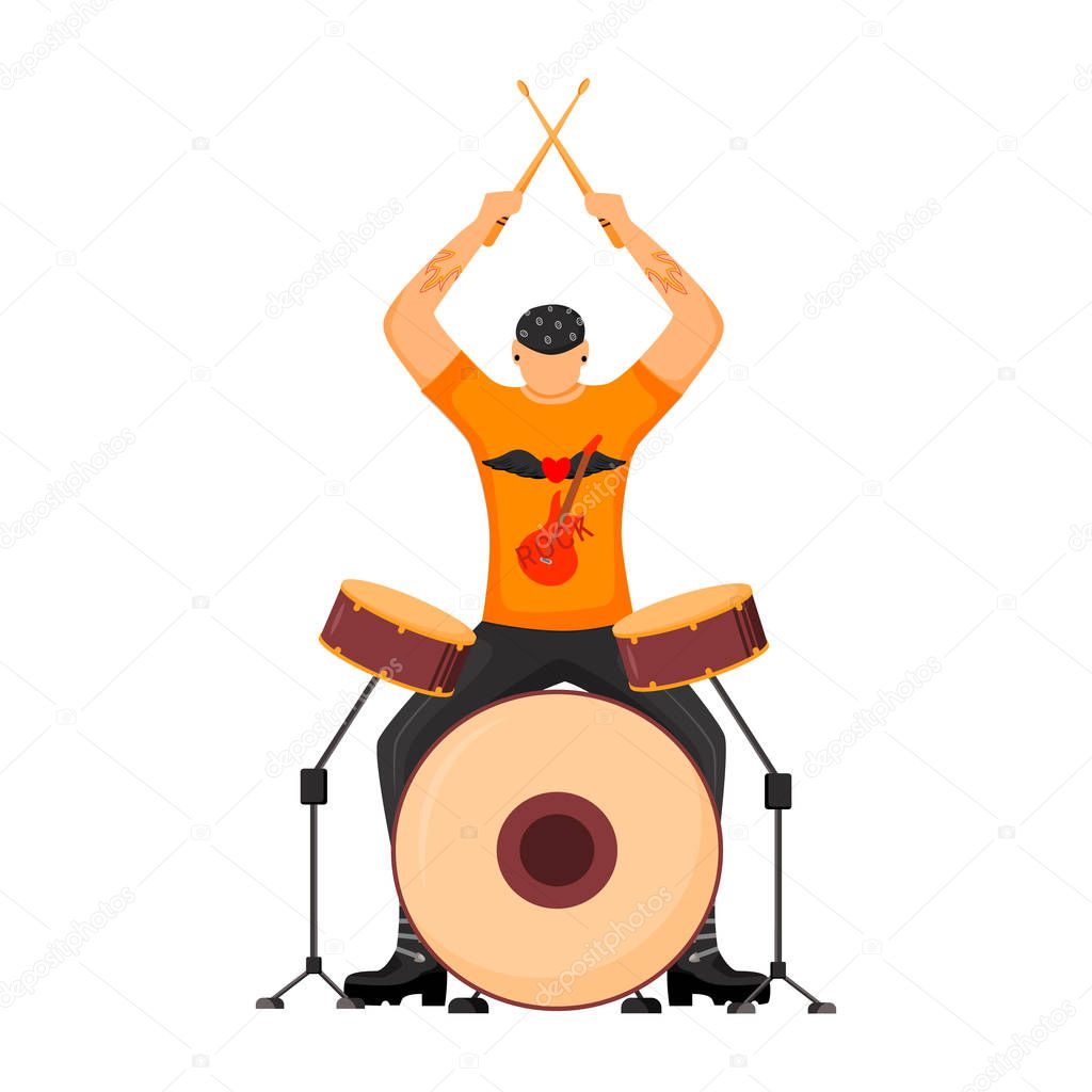 Drummer flat color vector illustration. Drum player. Musician. Rock music band member. Rock and roll. Man with musical instrument. Concert, gig. Instrumentalist. Isolated cartoon character on white