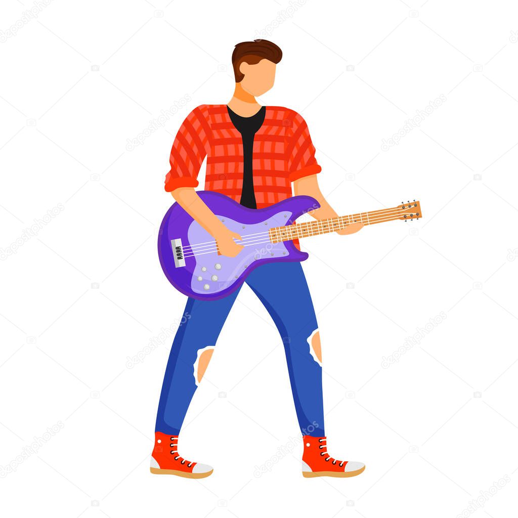 Guitarist flat color vector illustration. Guitar player. Musician. Music band member. Rock and roll. Man with musical instrument. Concert, gig. Instrumentalist. Isolated cartoon character on white