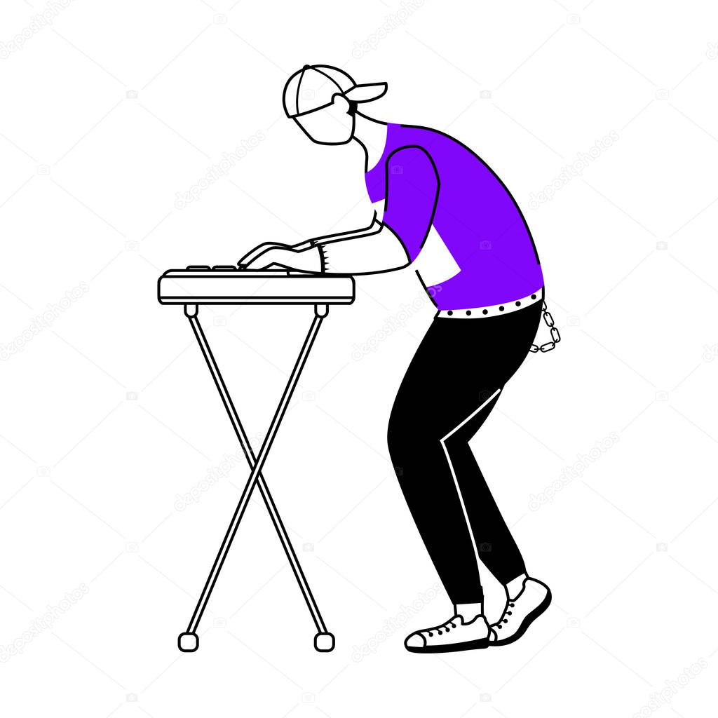 Keyboardist flat contour vector illustration. Keyboard player. DJ. Musician. Music band member. Rock and roll. Punk. Concert, gig, club. Isolated cartoon outline character on white. Simple drawing